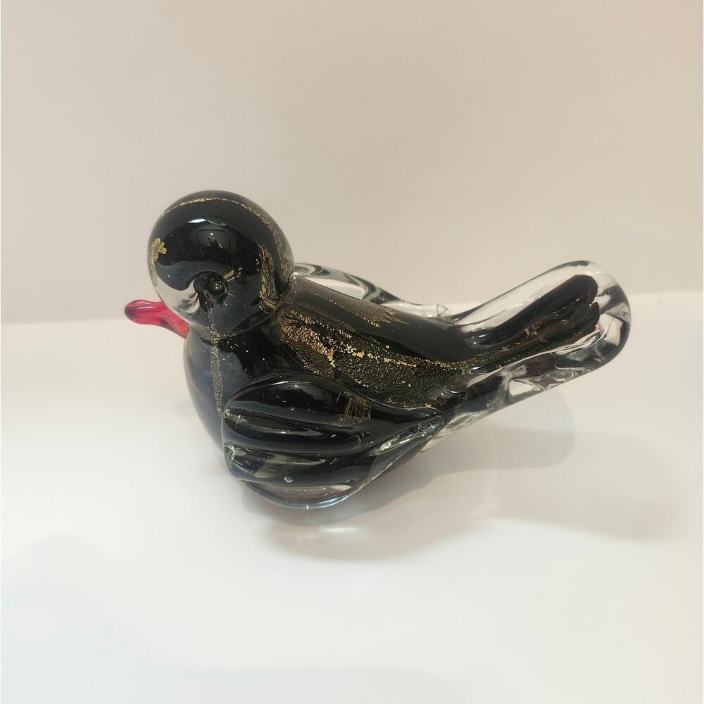 Murano Art Glass Bird Duck Crystal Black Shimmery Gold